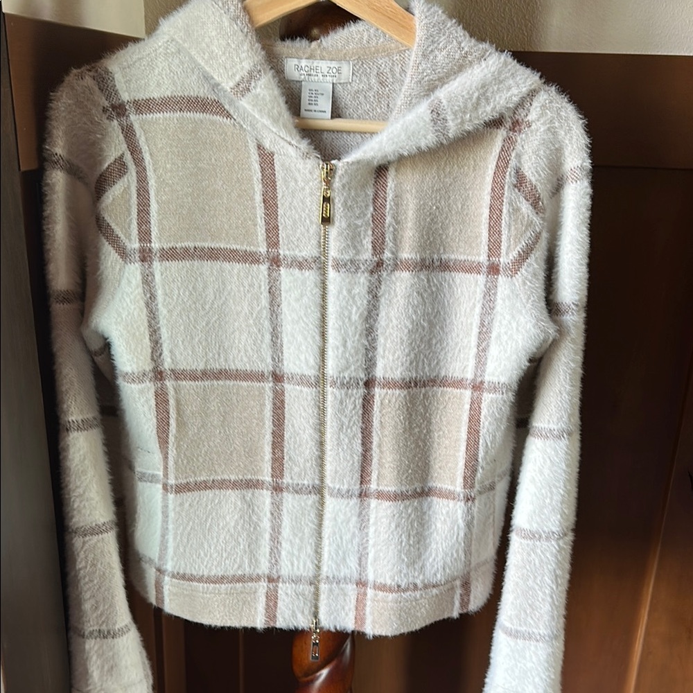 RACHEL ZOE Cozy Plaid Zip Hoodie in Cream and Taupe